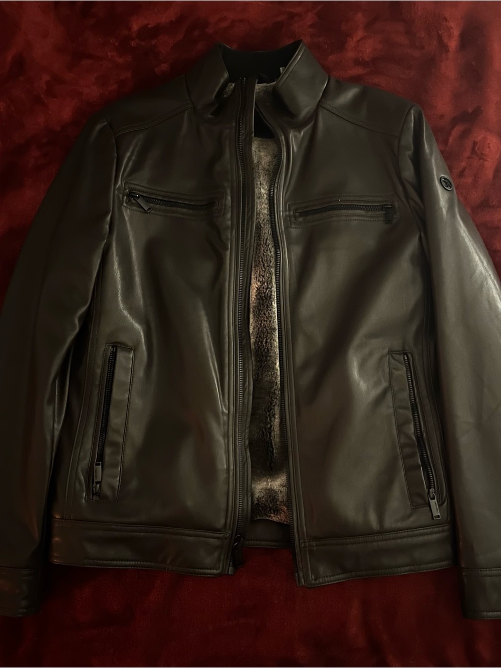 Men's Black Calvin Klein Leather Zip-Front Jacket with Faux Fur Lining